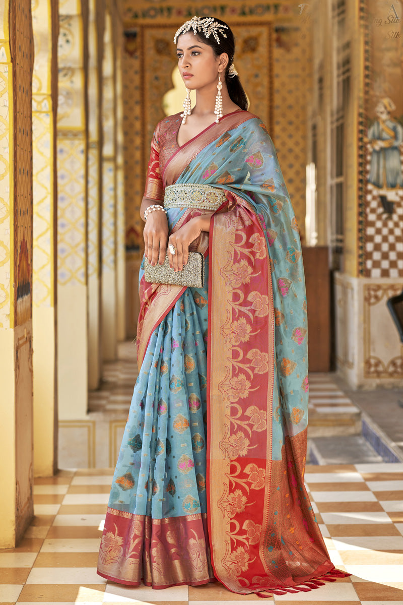 Dazzling Sky Blue Color Floral Printed Saree In Art Silk Fabric