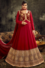 Load image into Gallery viewer, Sangeet Wear Red Color Georgette Fabric Embroidered Long Length Anarkali Suit
