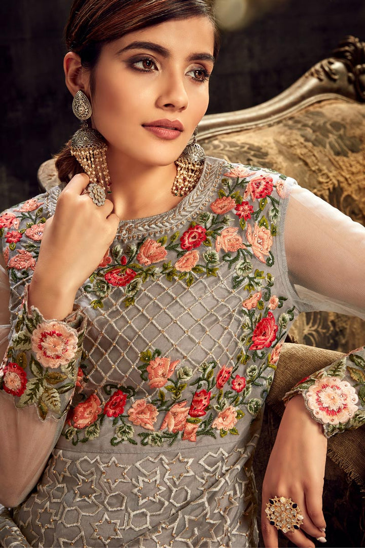 Net Fabric Sangeet Wear Grey Color Long Length Embroidered Anarkali Suit