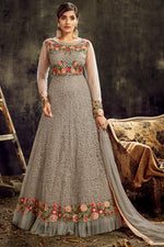 Load image into Gallery viewer, Net Fabric Sangeet Wear Grey Color Long Length Embroidered Anarkali Suit
