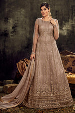 Load image into Gallery viewer, Sangeet Wear Dark Beige Color Net Fabric Long Length Embroidered Anarkali Suit

