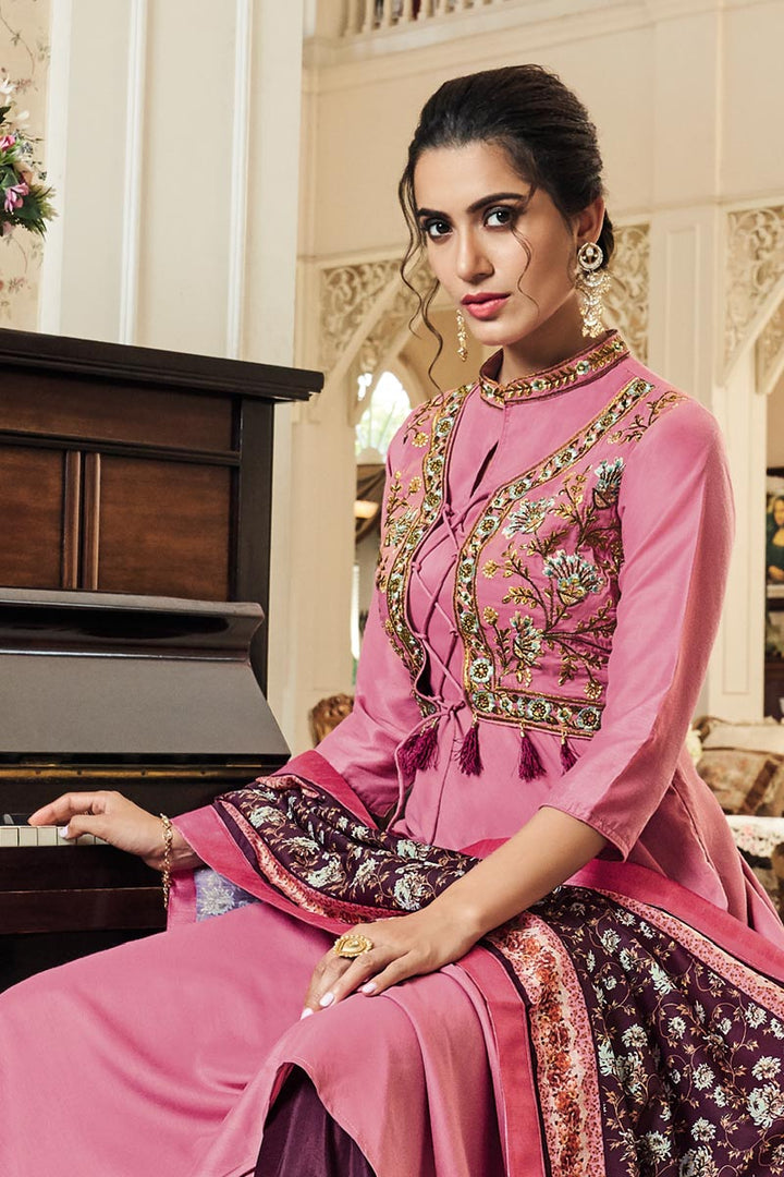 Party Style Designer Pink Embroidered Fancy Fabric Readymade Palazzo Suit
