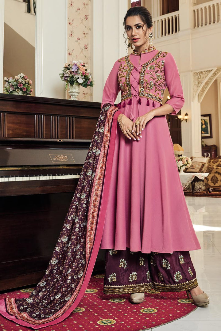 Party Style Designer Pink Embroidered Fancy Fabric Readymade Palazzo Suit