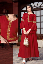 Load image into Gallery viewer, Red Color Party Wear Readymade Gown With Wonderful Embroidered Work In Georgette Fabric
