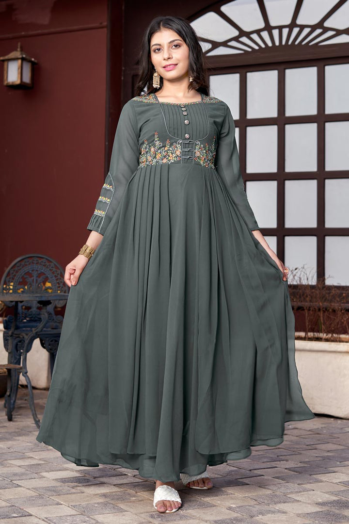 Party Wear Dark Grey Color Readymade Gown With Dazzling Embroidered Work In Georgette Fabric