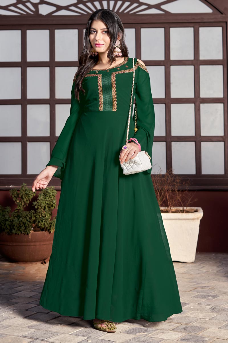 Green Color Georgette Fabric Readymade Gown With Beautiful Embroidered Work In Party Wear | Buy Online India
