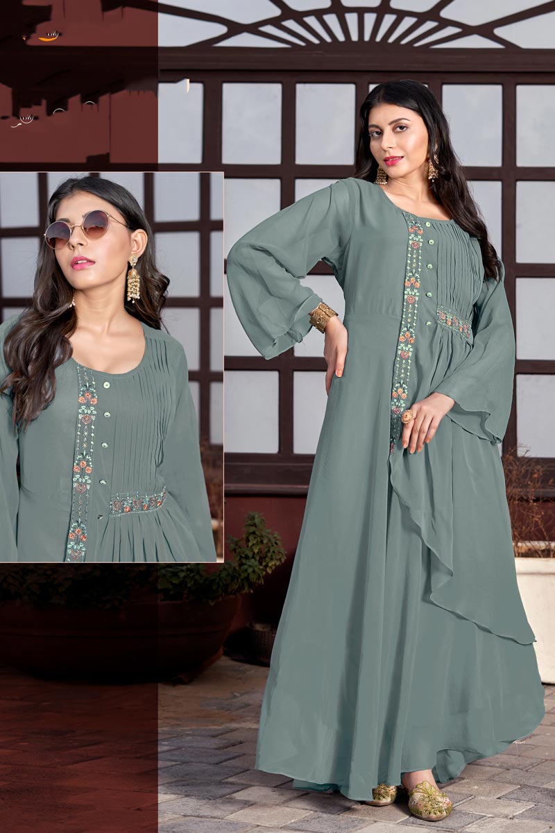 Party Wear Grey Color Georgette Fabric Readymade Gown With Miraculous Embroidered Work