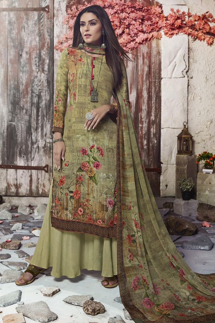 Fancy Crepe Fabric Casual Style Sea Green Printed Palazzo Suit