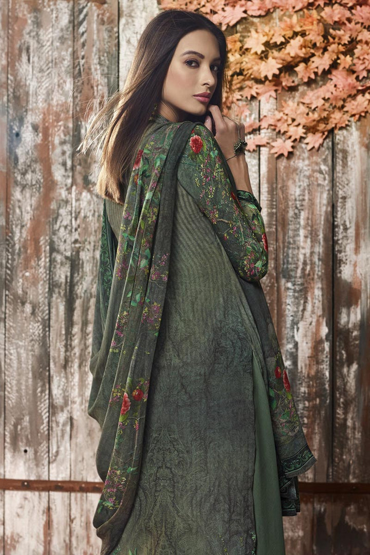Fancy Dark Green Casual Style Printed Crepe Fabric Palazzo Suit