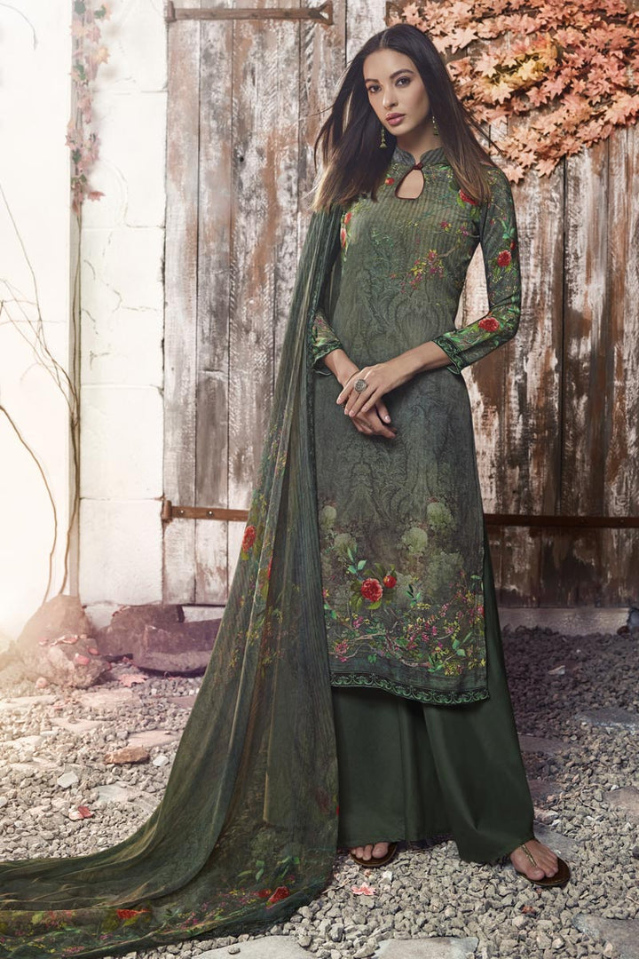Fancy Dark Green Casual Style Printed Crepe Fabric Palazzo Suit