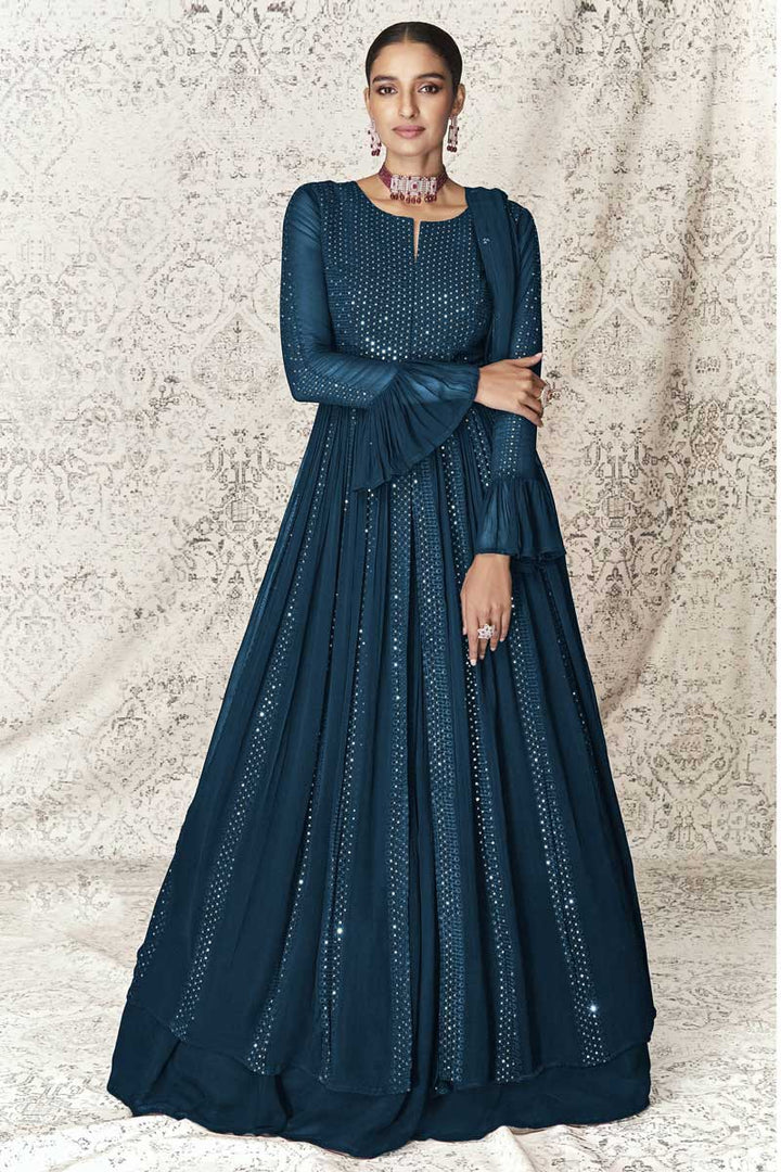 Teal Color Georgette Fabric Attractive Festive Wear Anarkali Suit