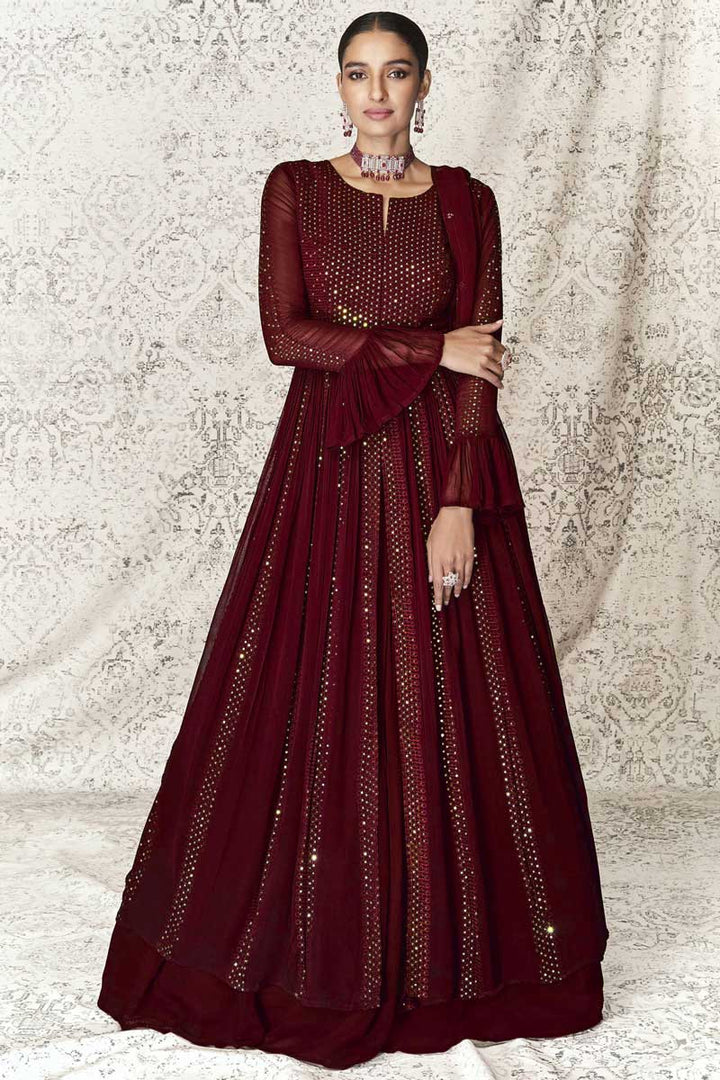 Maroon Color Georgette Fabric Elegant Festive Wear Anarkali Suit