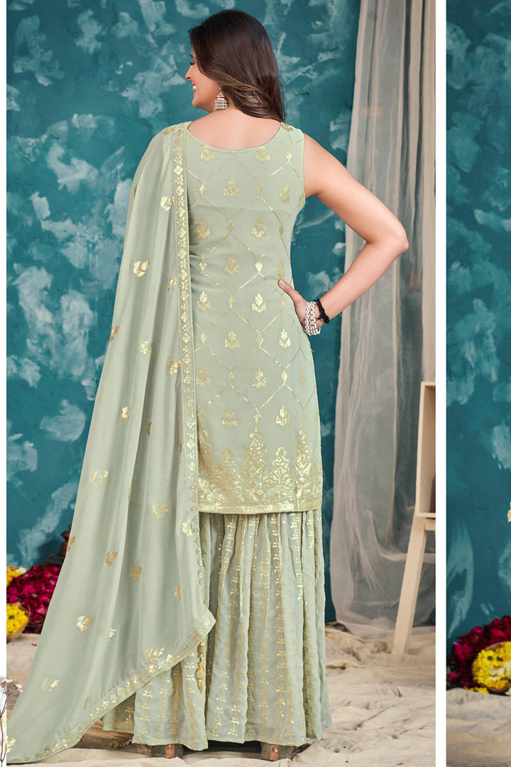 Komal Vora Tempting Georgette Sea Green Color Sharara Suit