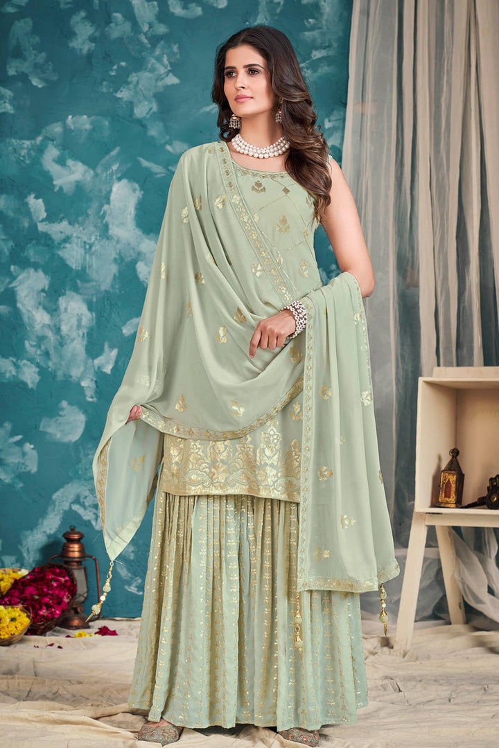 Komal Vora Tempting Georgette Sea Green Color Sharara Suit