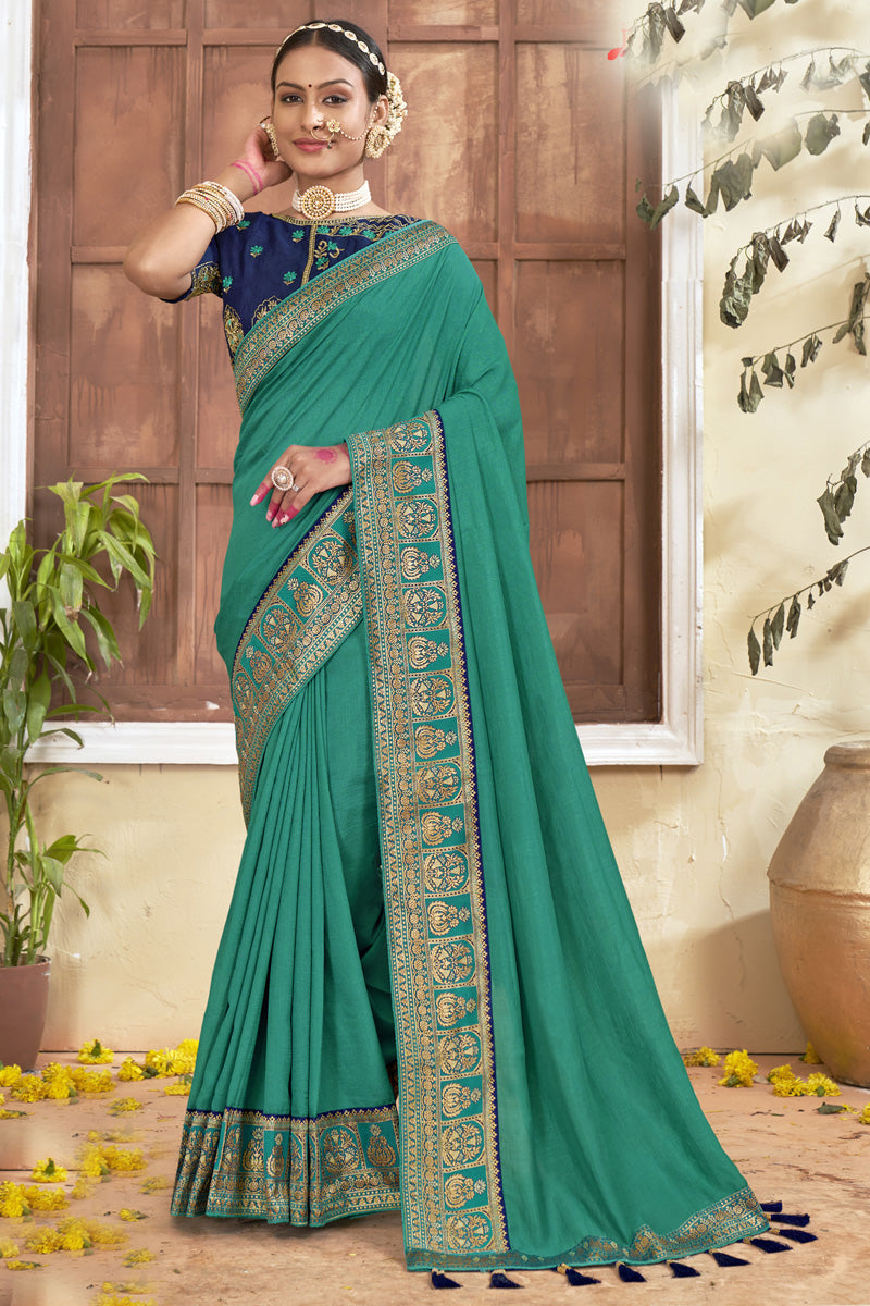 Sea Green Color Art Silk Fabric Chic Border Work Saree