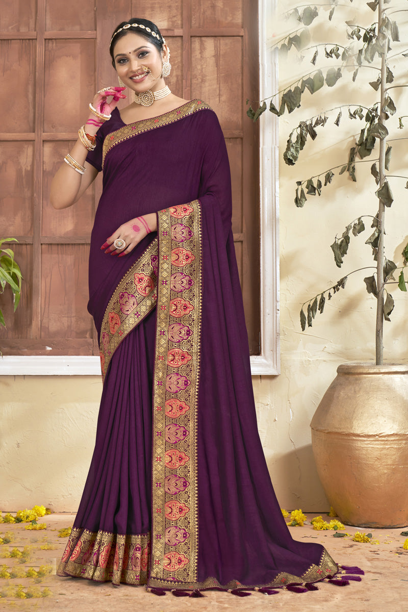 Art Silk Fabric Brilliant Border Work Saree In Wine Color