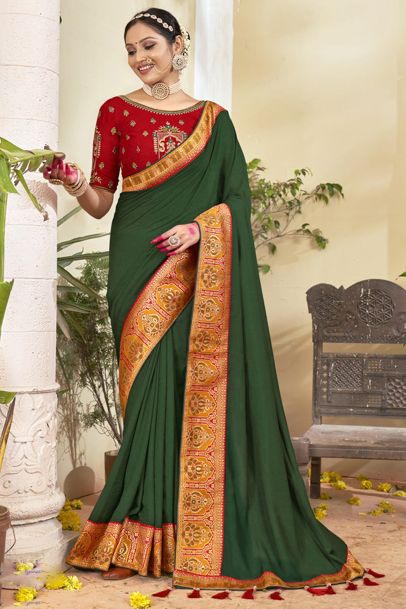 Art Silk Fabric Green Color Enticing Border Work Saree