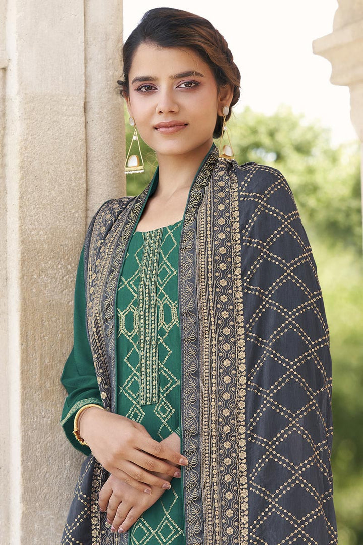Chinon Fabric Party Style Embroidered Palazzo Dress In Green Color