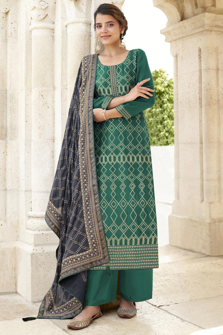 Chinon Fabric Party Style Embroidered Palazzo Dress In Green Color