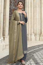 Load image into Gallery viewer, Party Style Chinon Fabric Grey Color Embroidered Palazzo Suit
