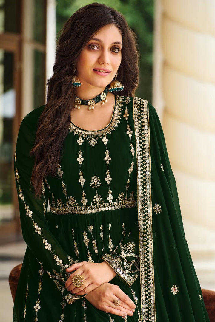 Georgette Fabric Sangeet Wear Mesmeric Embroidered Anarkali Suit In Dark Green Color