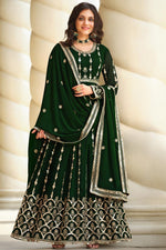 Load image into Gallery viewer, Georgette Fabric Sangeet Wear Mesmeric Embroidered Anarkali Suit In Dark Green Color
