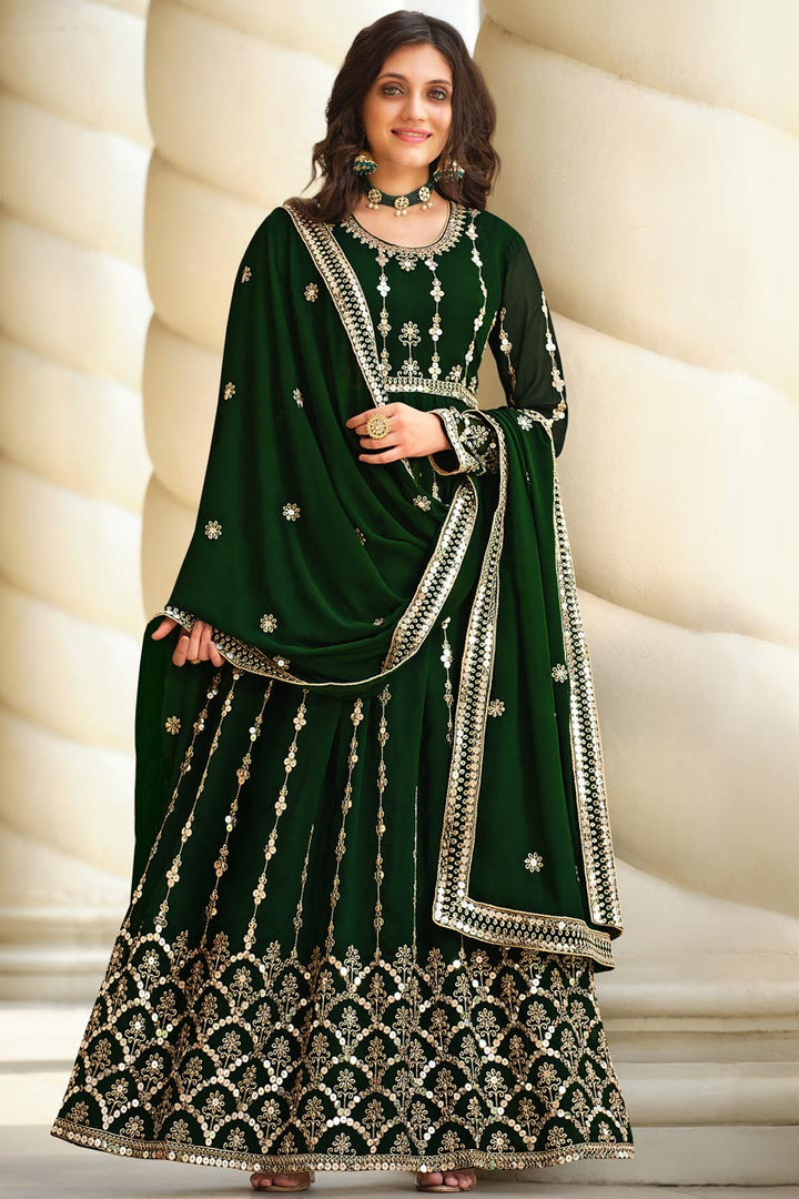 Georgette Fabric Sangeet Wear Mesmeric Embroidered Anarkali Suit In Dark Green Color