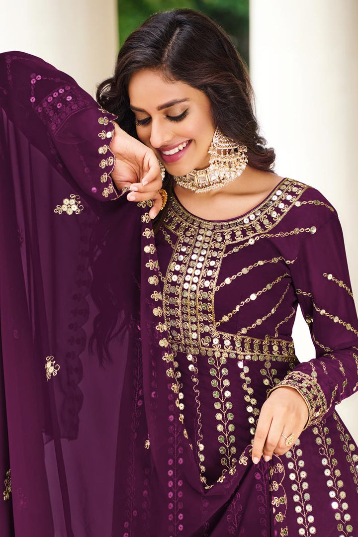 Georgette Fabric Sangeet Wear Wondrous Embroidered Anarkali Suit In Purple Color
