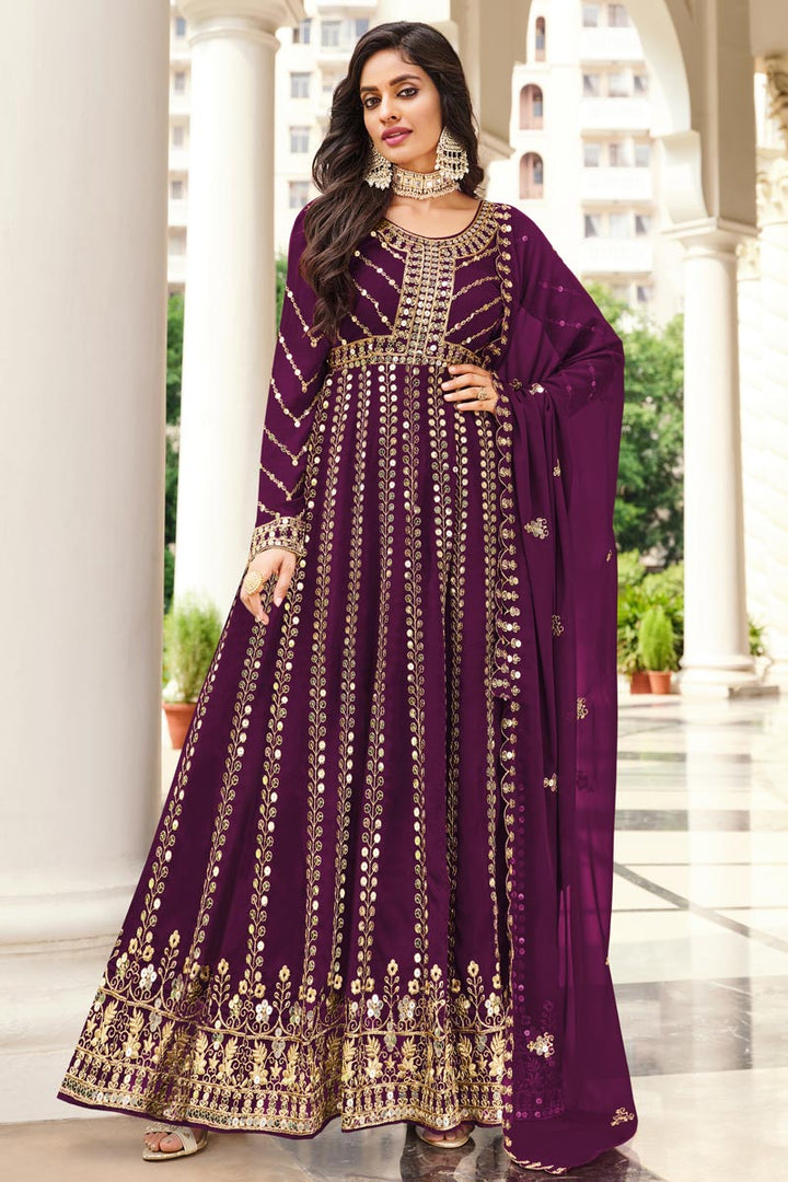 Georgette Fabric Sangeet Wear Wondrous Embroidered Anarkali Suit In Purple Color