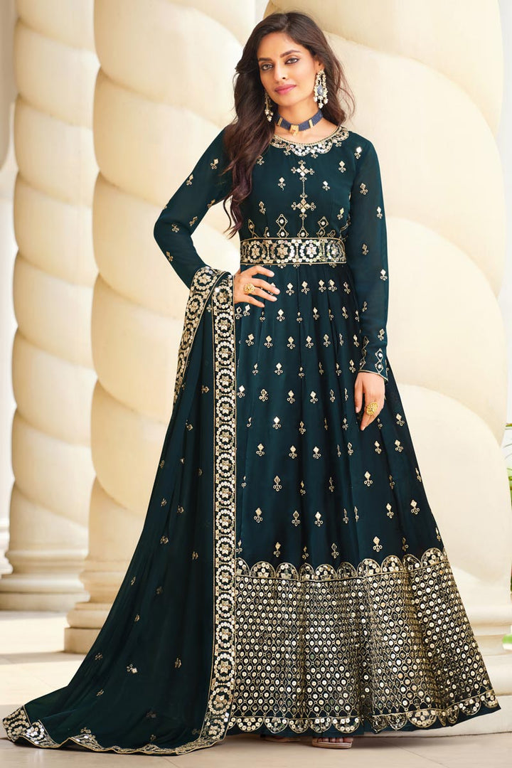 Sangeet Wear Georgette Fabric Navy Blue Color Supreme Embroidered Anarkali Suit
