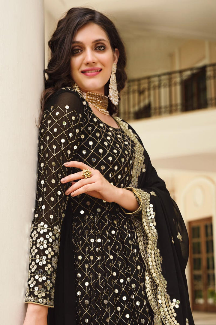 Black Color Georgette Fabric Sangeet Wear Adroit Embroidered Anarkali Suit