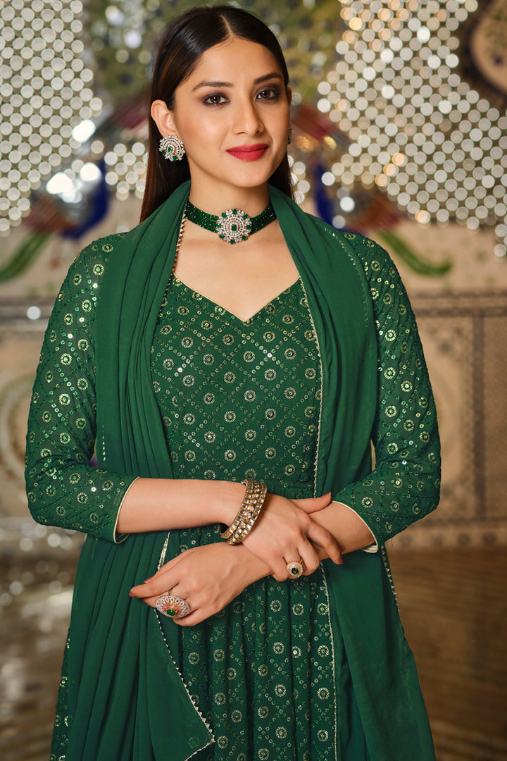 Green Color Sequins Work Magnificent Sharara Top Lehenga