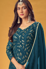 Load image into Gallery viewer, Georgette Fabric Teal Color Spectacular Embroidered Work Sangeet Wear Palazzo Suit
