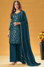 Load image into Gallery viewer, Georgette Fabric Teal Color Spectacular Embroidered Work Sangeet Wear Palazzo Suit
