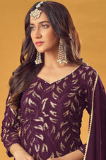 Load image into Gallery viewer, Wine Color Ingenious Embroidered Work On Georgette Fabric Sangeet Wear Palazzo Suit
