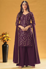 Load image into Gallery viewer, Wine Color Ingenious Embroidered Work On Georgette Fabric Sangeet Wear Palazzo Suit
