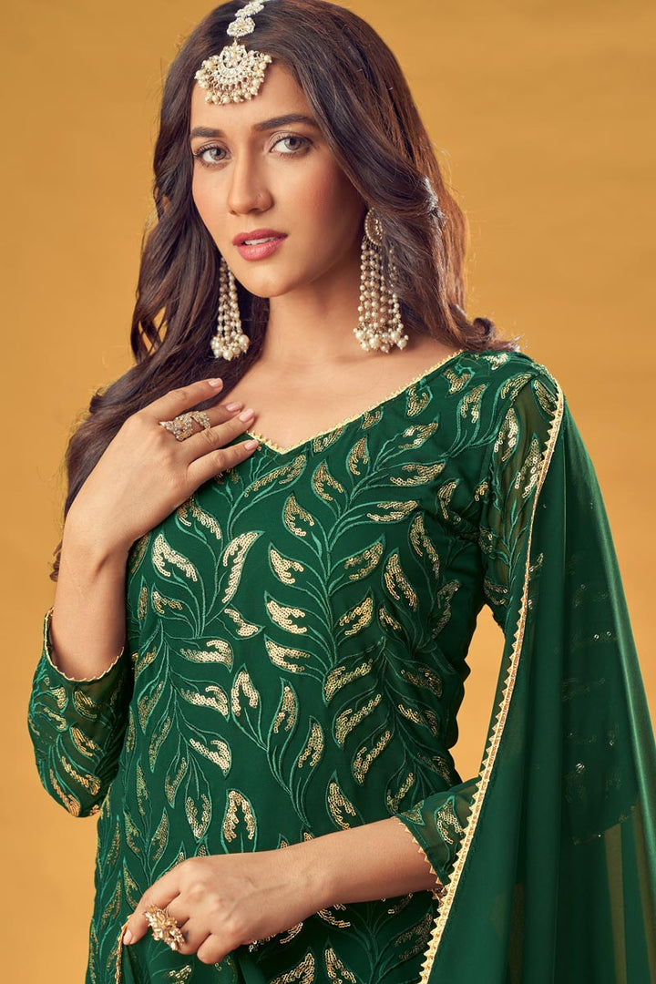 Innovative Embroidered Work On Dark Green Color Georgette Fabric Sangeet Wear Palazzo Suit