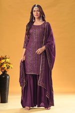 Load image into Gallery viewer, Georgette Fabric Festival Wear Sequins Work Divine Palazzo Suit In Wine Color
