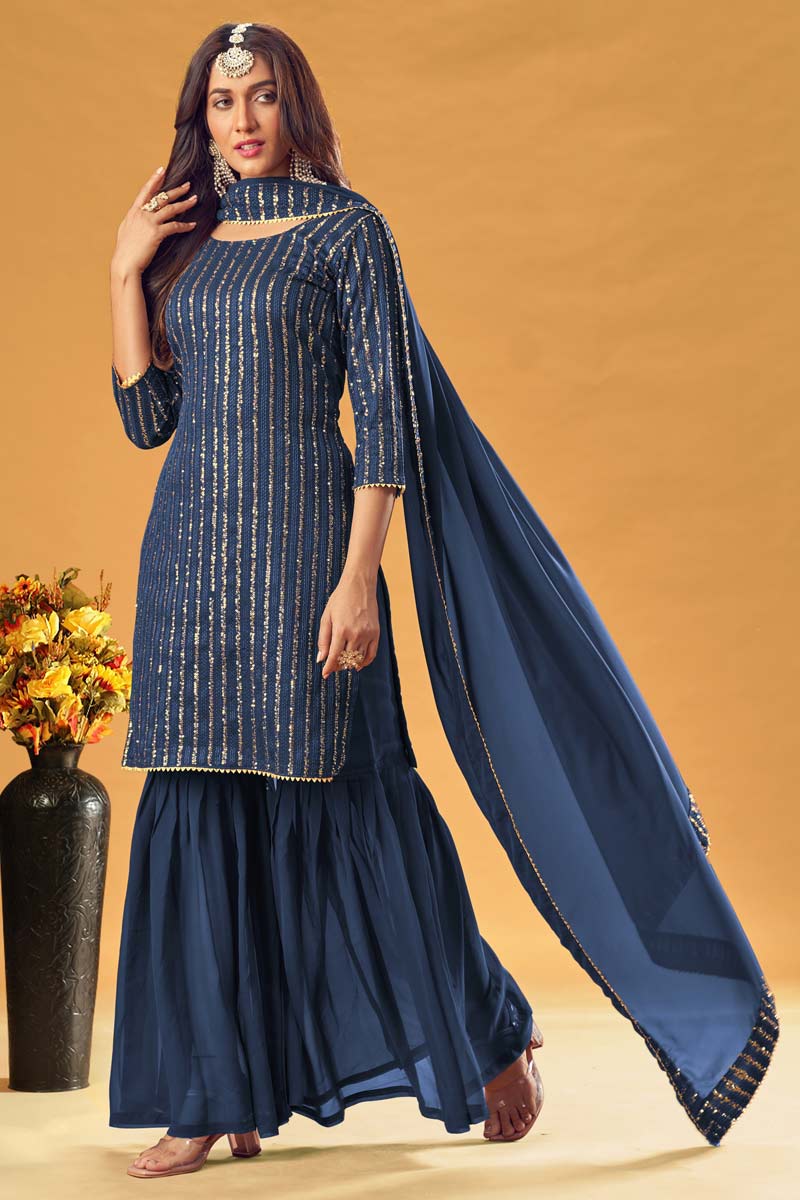 Blue Color Festival Wear Sequins Work Mesmeric Palazzo Suit In Georgette Fabric
