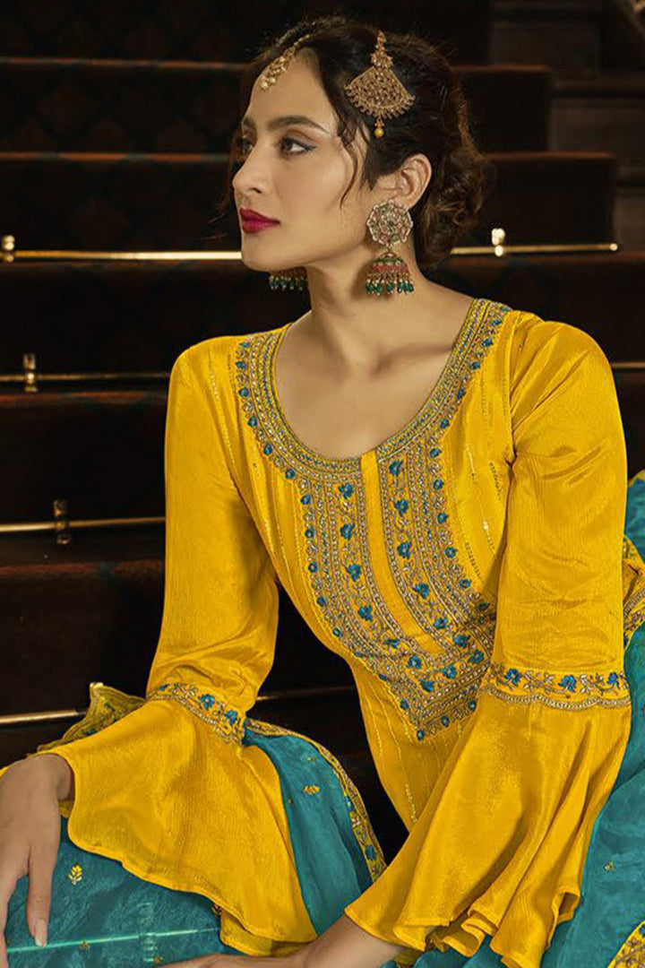 Yellow Color Art Silk Fabric Party Wear Embroidered Palazzo Suits