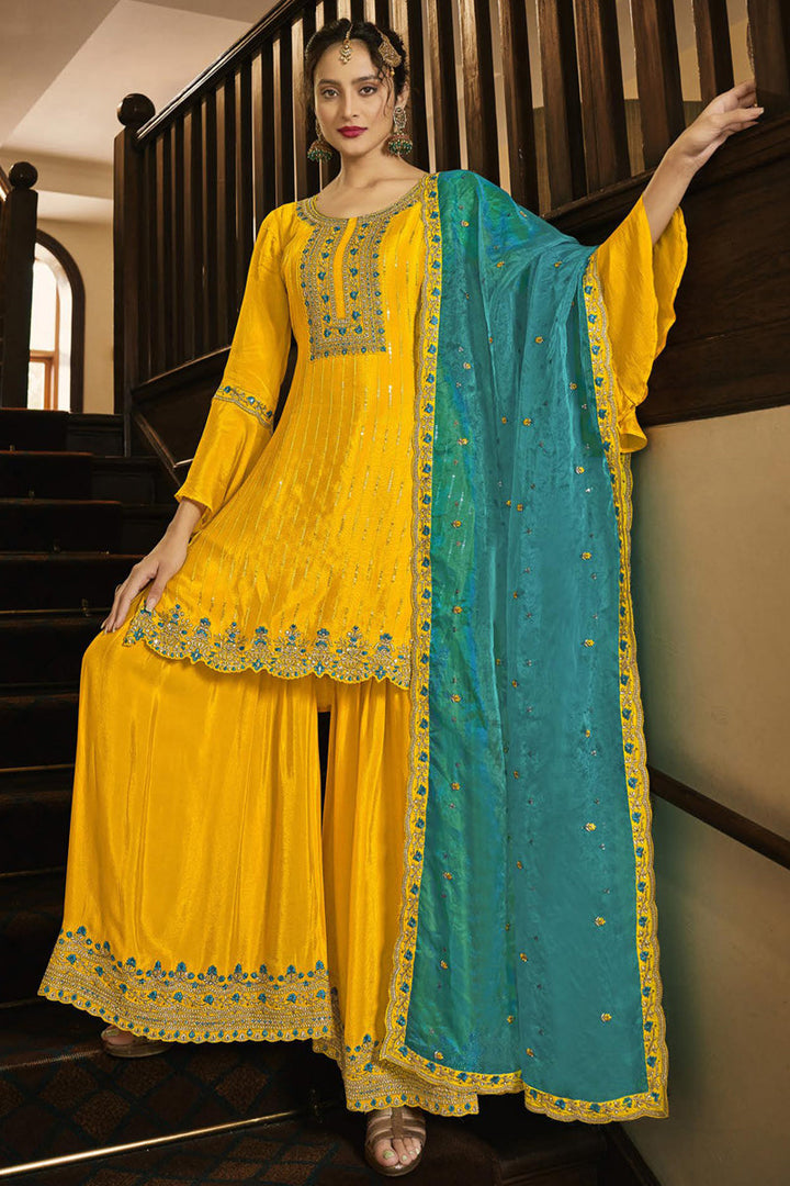 Yellow Color Art Silk Fabric Party Wear Embroidered Palazzo Suits