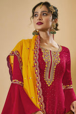 Load image into Gallery viewer, Party Wear Embroidered Work Art Silk Fabric Palazzo Suits In Red Color
