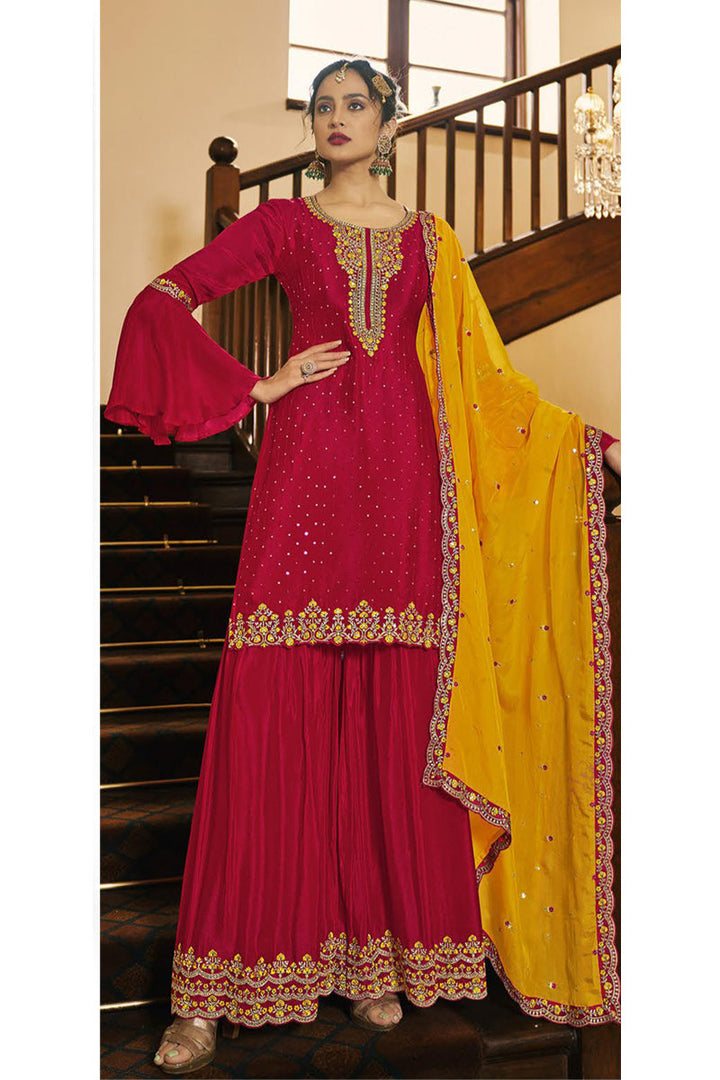 Party Wear Embroidered Work Art Silk Fabric Palazzo Suits In Red Color