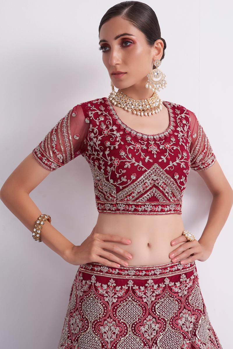 Kanika Dev Charismatic Net Fabric Red Shaded Lehenga