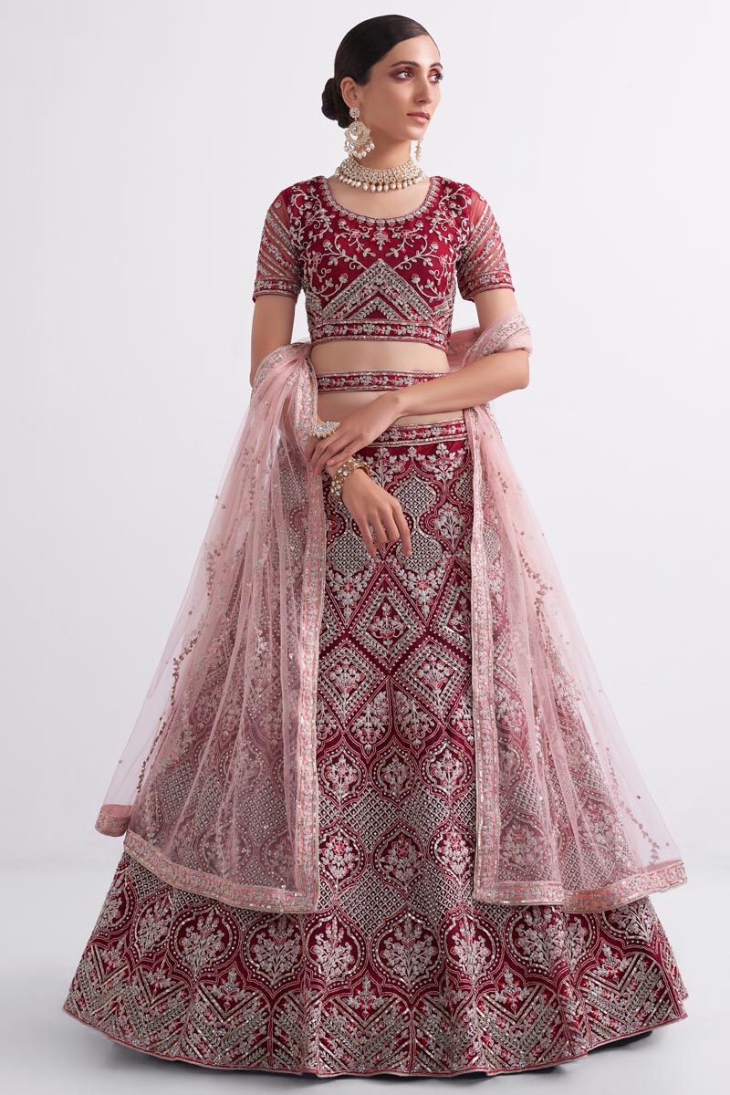 Kanika Dev Charismatic Net Fabric Red Shaded Lehenga