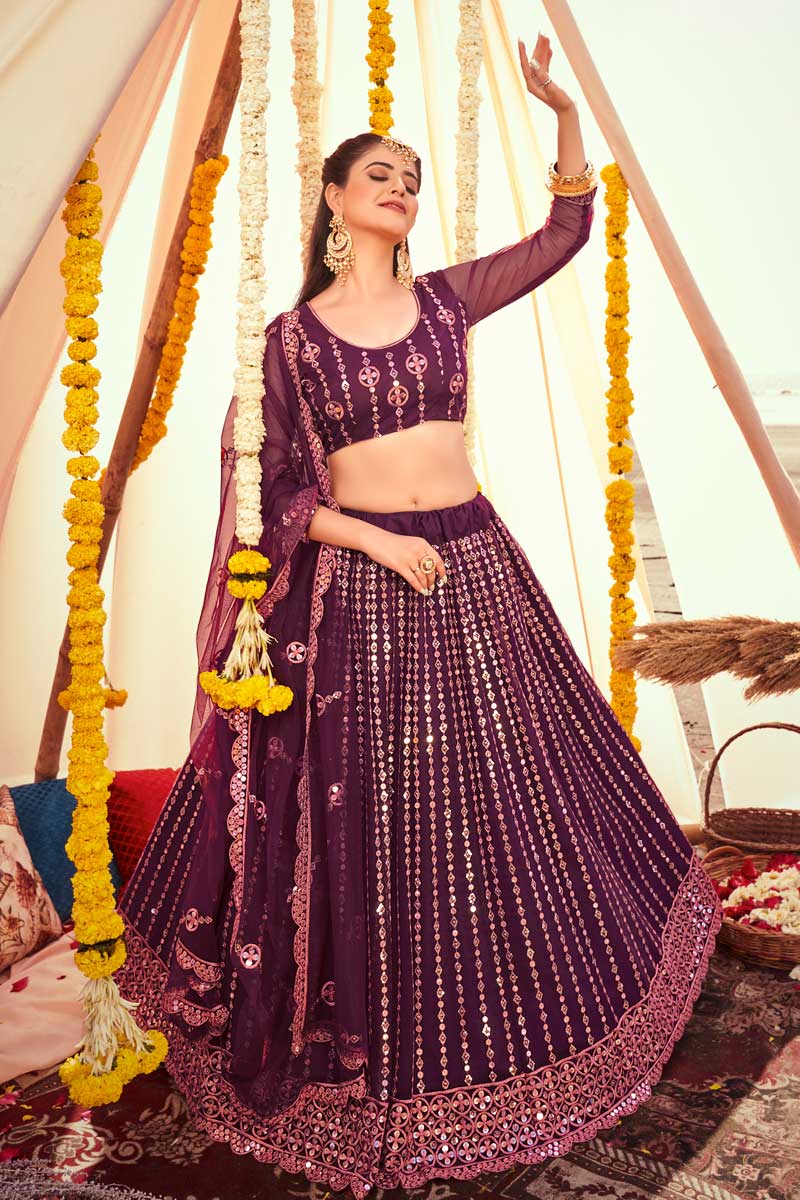 Net Fabric Purple Color Embroidered Engrossing Lehenga