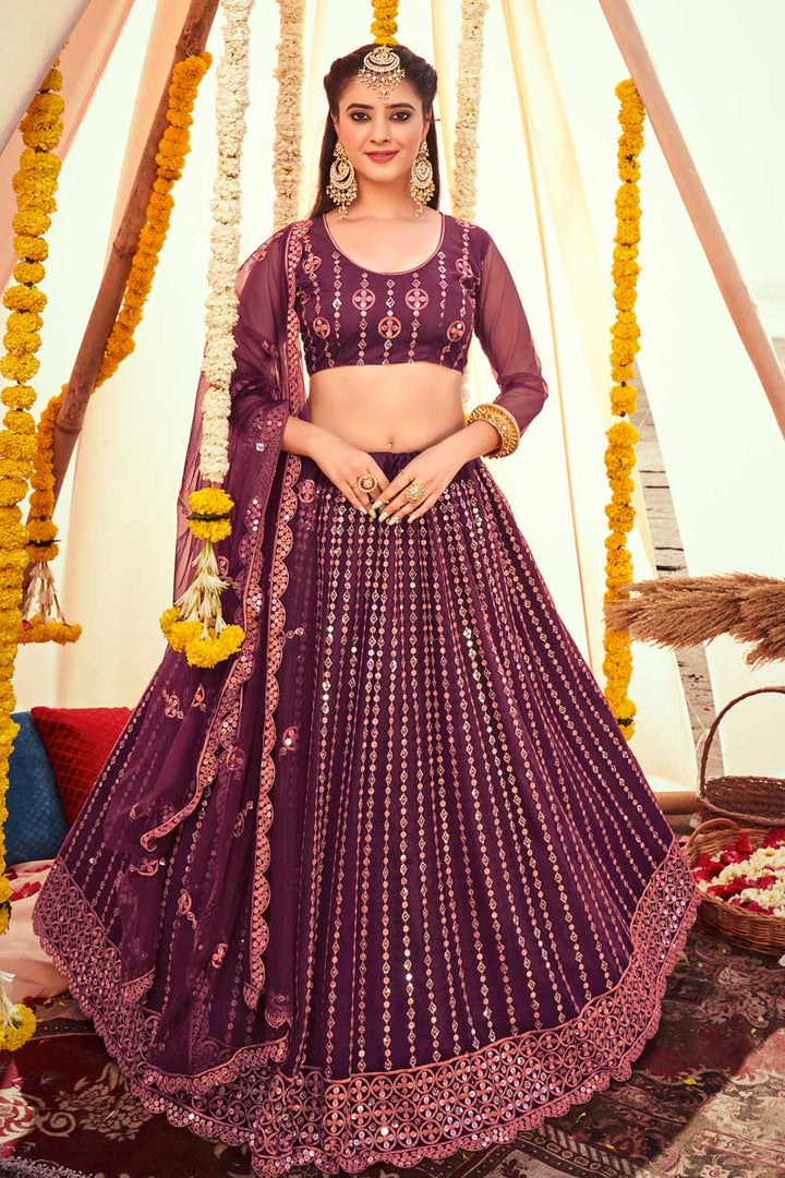 Net Fabric Purple Color Embroidered Engrossing Lehenga