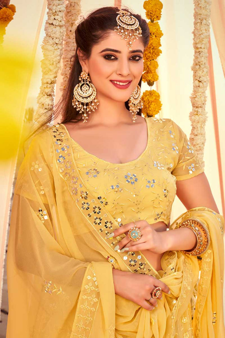 Embroidered Designs On Yellow Color Georgette Fabric Remarkable Lehenga