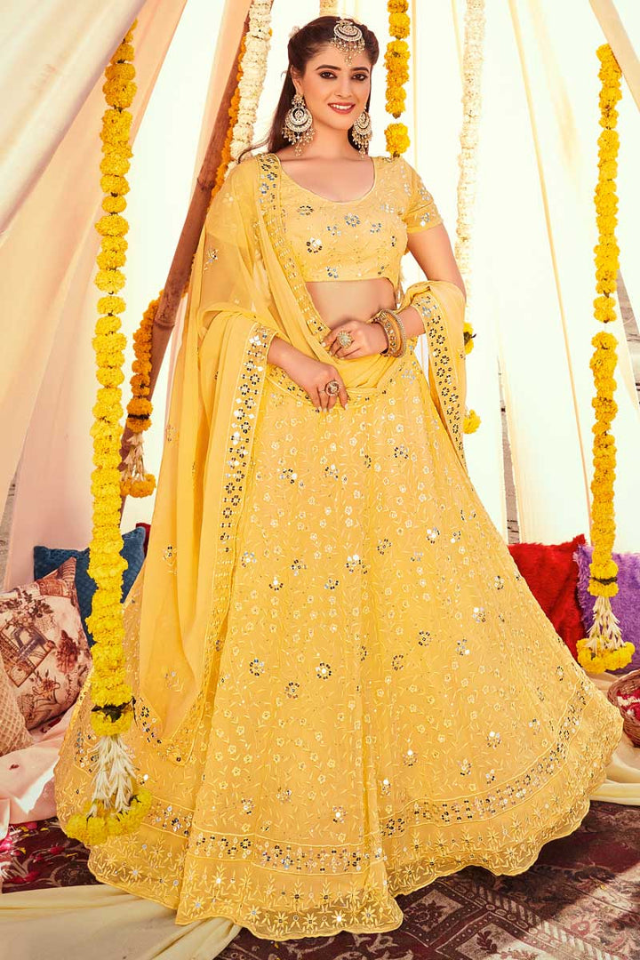 Embroidered Designs On Yellow Color Georgette Fabric Remarkable Lehenga