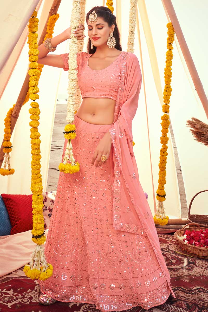 Embroidered Designs On Georgette Fabric Superior Lehenga In Pink Color